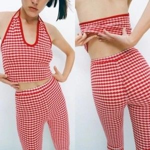 Zara Retro High Waisted Knitted Pants Red White Gingham Size S